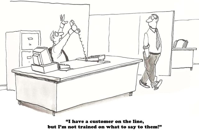 Cartoon about a salesman who could use training on Selling Using DISC Profiles