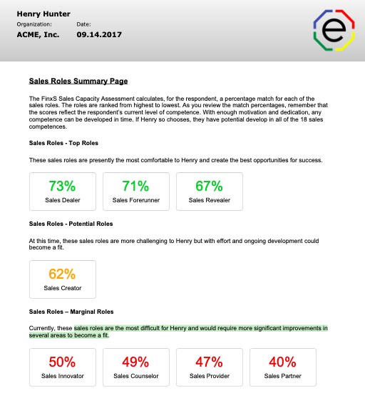 Sales Capacity Assessment Sales Roles Summary Page
