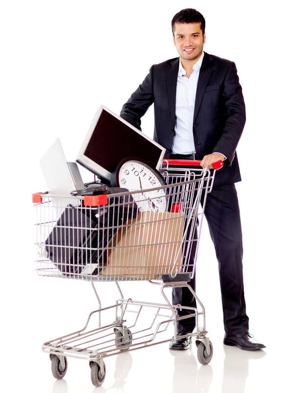 Businessman buying office supplies - isolated over a white background