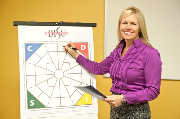 Extended DISC Facilitator Trainer in front of  DISC Diamond Chartpad