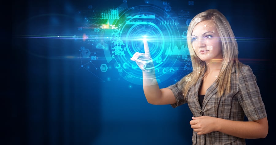 Woman touching hologram screen displaying medical symbols and charts