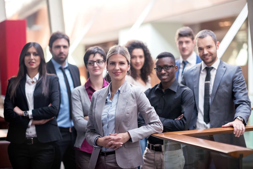 young multi ethnic business people group walking standing and top view